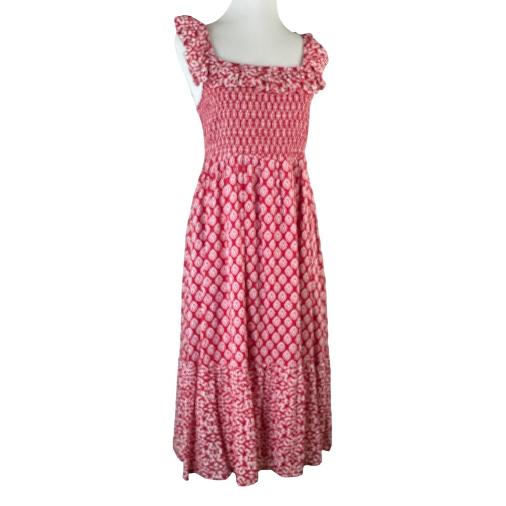 NWT Vineyard Vines Tile Smocked Midi Dress Red White Geometric Pockets Womens M